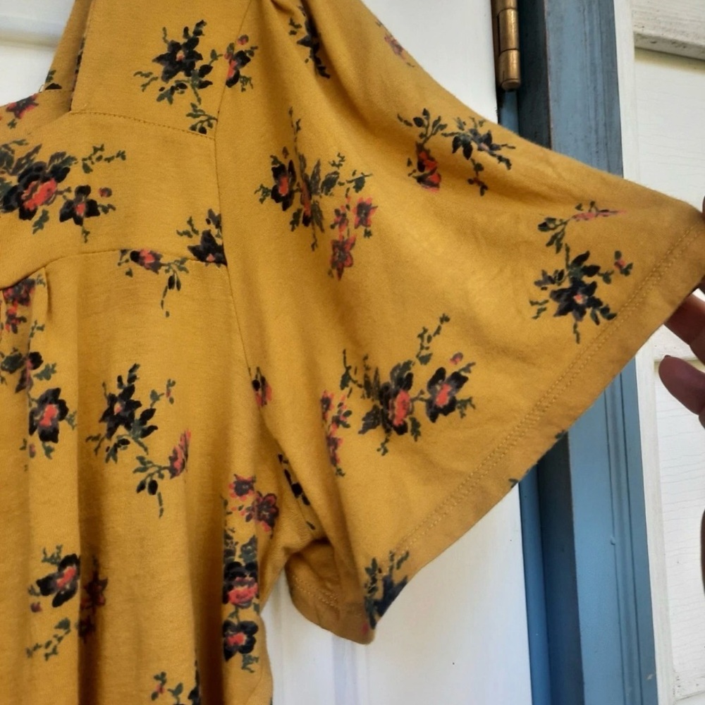 Lucky Brand Mustard yellow Floral Square-Neck Women’s peasant Top blouse tee XL - Picture 3 of 8